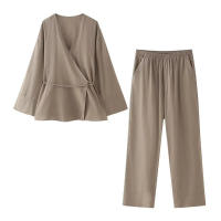 Conjunto de Moda para Mujer OUWU Abrigos Sueltos con Cordones y Pantalones Vintage de Cintura Alta Elástico - details 4