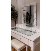 Mesa Tocador, Mesa Maquillaje con Taburete Tapizado, Espejo, 10 Bombillas Regulables Iluminación, 2 Cajones Grandes con Tablero Vidrio Templado, 2 Cajones Pequeños, Blanco - details 6
