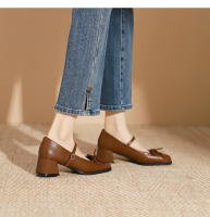 Zapatos individuales de tacón grueso cosidos con lazo de nuevo estilo, zapatos de mujer de tacón medio. - details 21