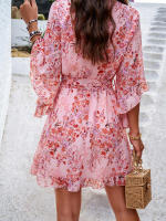 Vestido de primavera y verano para mujer, Media manga, estampado de flores, elegante cuello en V, informal, línea A, hasta la rodilla, cintura alta - details 6