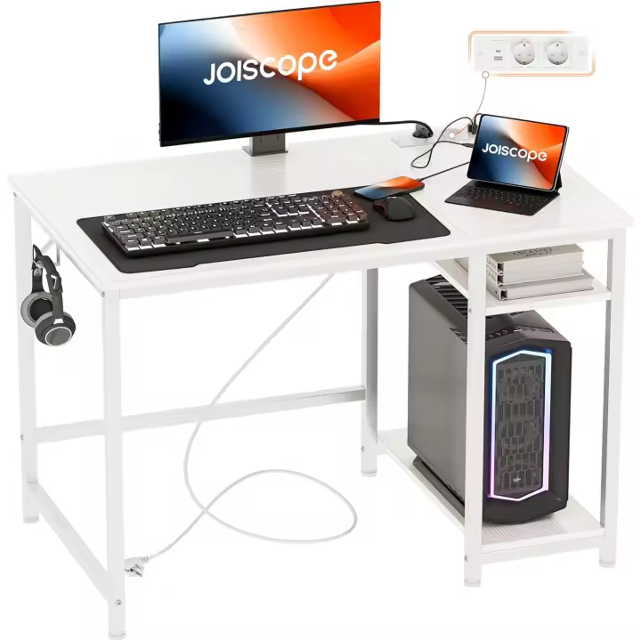 Escritorio Ordenador con Puerto de Carga USB y Tipo-C y 2 Tomas de Corriente,Escritorio Estudio y Juego Que Ahorra Espacio con Gancho y Estante de Almacenamiento de 2 Niveles,100x75cm,Blanco - 1