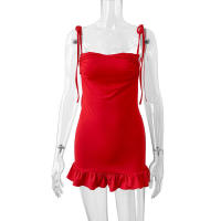 Vestido corto ajustado de verano, sexy, con tirantes finos, fruncido, espalda descubierta, lazo y volantes para mujer - details 8