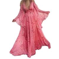 Vestido de mujer con cuello en V, floral, vestido largo rosa, tallas grandes - details 1