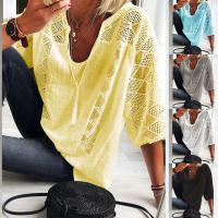 Blusa de Lino y Algodón para Mujer Cuello en V, Manga 3/4, Blusa Holgada Informal, Moda Diaria - details 1