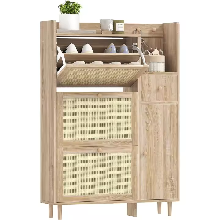 Mueble Zapatero Armario Zapatero con 3 Cajones Abatibles con Frentes de Ratán para 12 Pares de Zapatos Estantes Ajustables Zapatero Estrecho para Pasillo Entrada 80x23x120 cm Roble - 1
