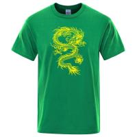 Camiseta holgada de algodón para hombre, ropa de calle de gran tamaño, transpirable, con estampado de dragón amarillo, estilo chino - details 13