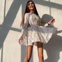 Vestido Mini de Túnica Impresa de Verano Cuello Largo Manga Larga Vestido para Mujeres con Detalles de Parche de Malla - details 8