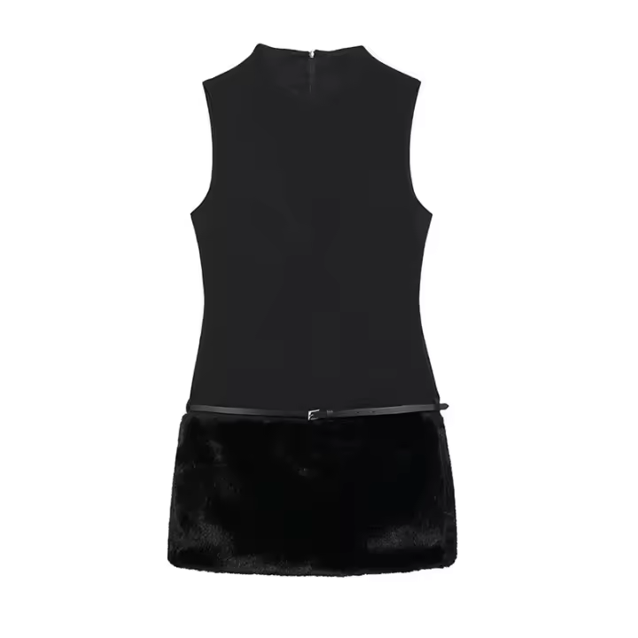 Vestidos de verano para mujer, estilo decorativo con cinturón, sin mangas, cuello redondo, color negro - 1