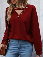 Suéteres con botones ahuecados y cuello en V para mujer, Jersey de punto, Top de Color sólido, suelto, informal, combina con todo, otoño - details 5