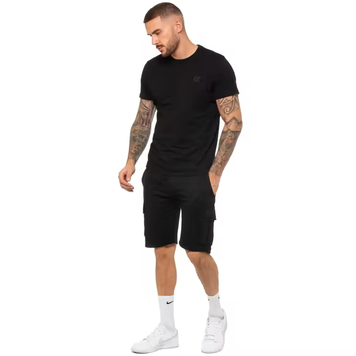 Enzo Conjunto de chándal para hombre, camiseta informal con cuello redondo, pantalones cortos tipo cargo de forro polar, traje de 2 piezas - 1