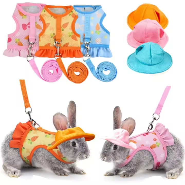 Set of 3 Bunny Harness Leash Sets with Matching Summer Hats - Adjustable, Escape-Proof, Breathable Vest - 1