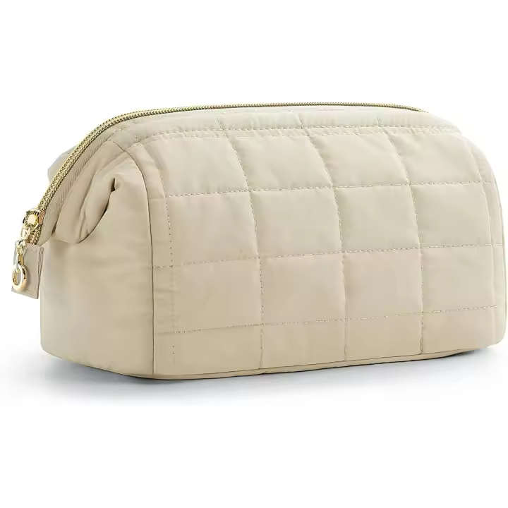 Bolsa de maquillaje con apertura ancha, Beige, M, bolsa de maquillaje de viaje con acolchado hinchado y Rectangular - 1