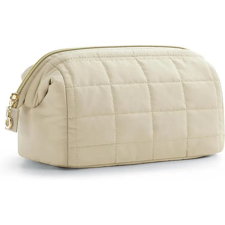 Bolsa de maquillaje con apertura ancha, Beige, M, bolsa de maquillaje de viaje con acolchado hinchado y Rectangular - 1