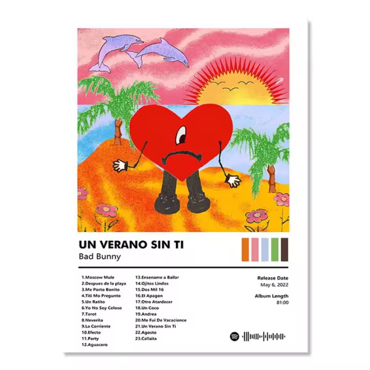 Póster de Lienzo Bad Bunny Un Verano Sin Ti de DHROOM Pintura de Album de Música Decoración para Habitación Diseño de Pared con Estilo de Arte y Calligrafía - 1