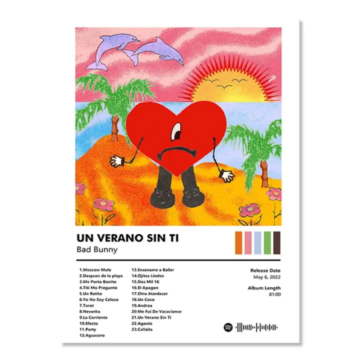 Póster de Lienzo Bad Bunny Un Verano Sin Ti de DHROOM Pintura de Album de Música Decoración para Habitación Diseño de Pared con Estilo de Arte y Calligrafía - 1