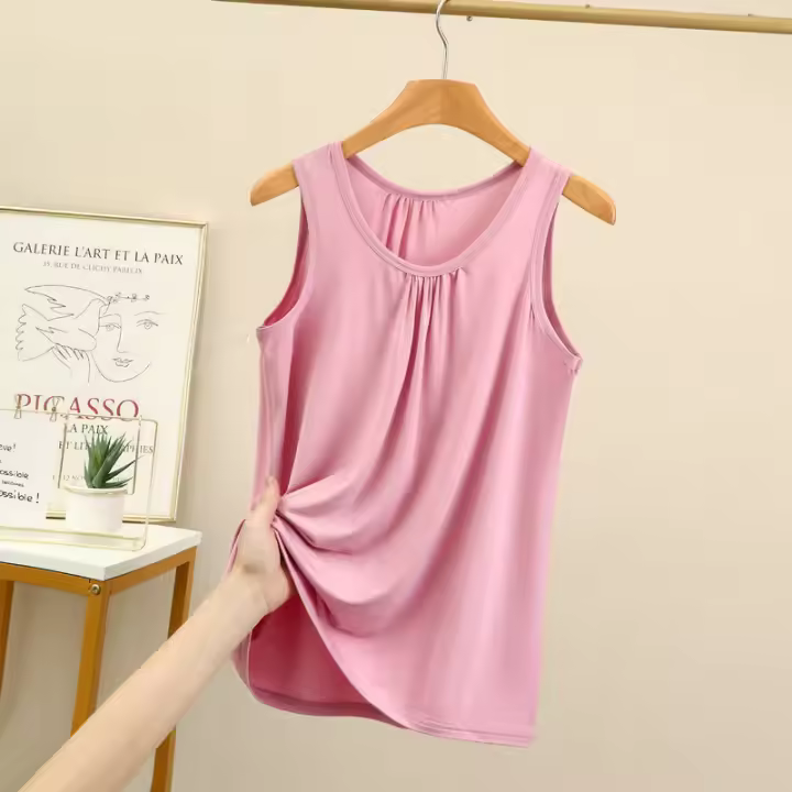 Camisetas sin mangas de talla grande con pliegues sueltos para mujer, camisetas sin mangas de Modal, ropa de casa de color sólido, chaleco de fondo XL a 6XL - 1