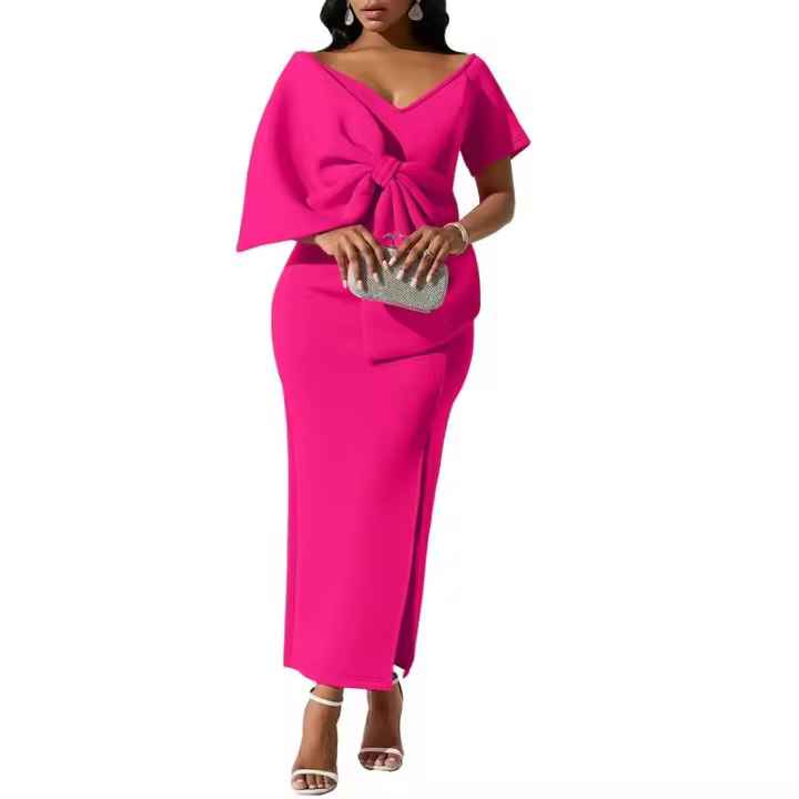 BUNO- vestido de verano de manga corta con lazo de talla grande para discoteca, vestidos grandes lisos para mujer, vestido ajustado de fiesta con curvas - 1