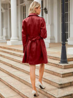 Gabardina cortavientos de piel sintética para mujer, chaquetas con cinturón, abrigo largo medio - details 11