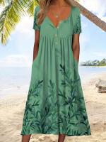 Vestido largo con bolsillo para mujer, manga corta, botones, cuello en V, estampado, primavera europea y americana - details 3