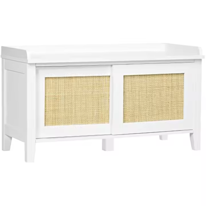 Zapatero con asiento, mueble zapatero con banco, 2 puertas de ratán, estilo bohemio, carga 130 kg, para pasillo de entrada, 80x35x45 cm, blanco y natural - 1