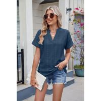 BUNO-2025 Blusas informales para mujer, camisas holgadas de manga corta con cuello de pico de Jacquard bordado a la moda, Tops elegantes de colores sólidos para verano - details 10