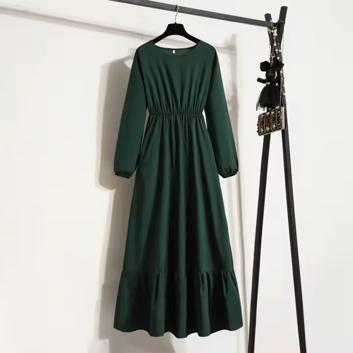 Vestido largo ajustado a la cintura con jersey de manga larga de color liso para mujer - 1