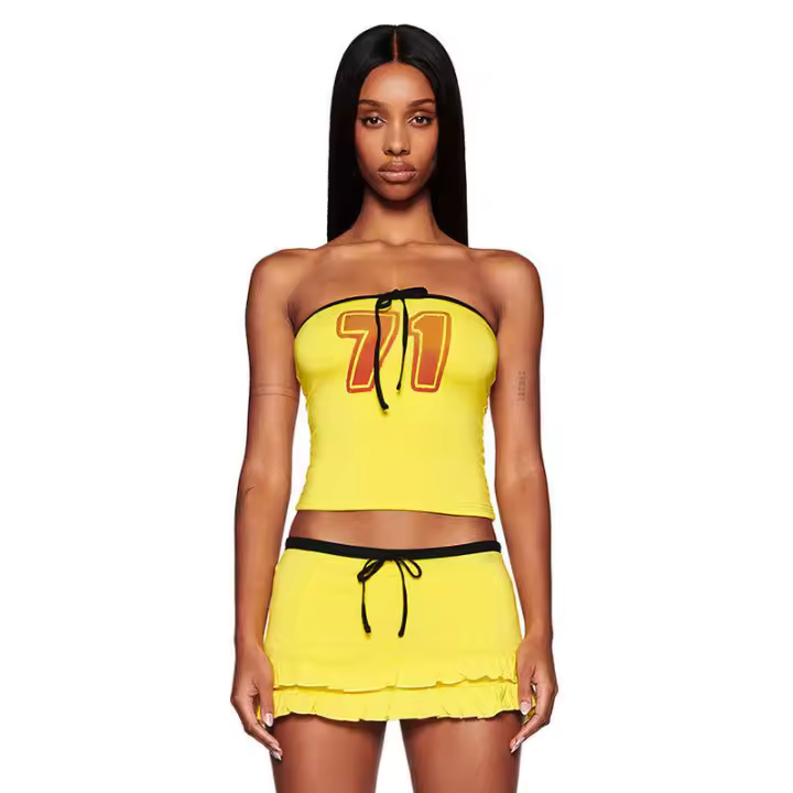 Conjunto de falda con volantes y top tubo sin mangas con cordón ajustable para mujer, novedad de verano F010 - 1