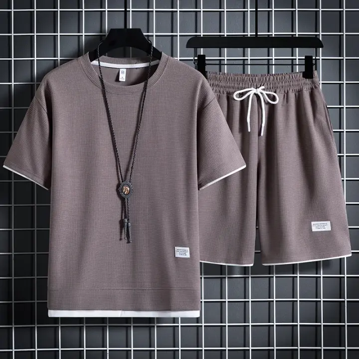 Conjunto de camiseta y pantalones cortos informales para hombre, chándal de Color liso, tres piezas holgadas de verano, talla 3XL - 1
