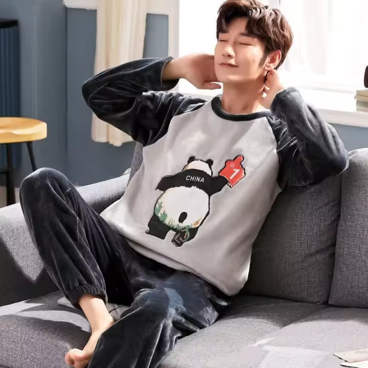 Nuevo Co Wool Rou Ne pijamas de manga larga salón 2 piezas t moda ted muebles para el hogar para hombres - 1