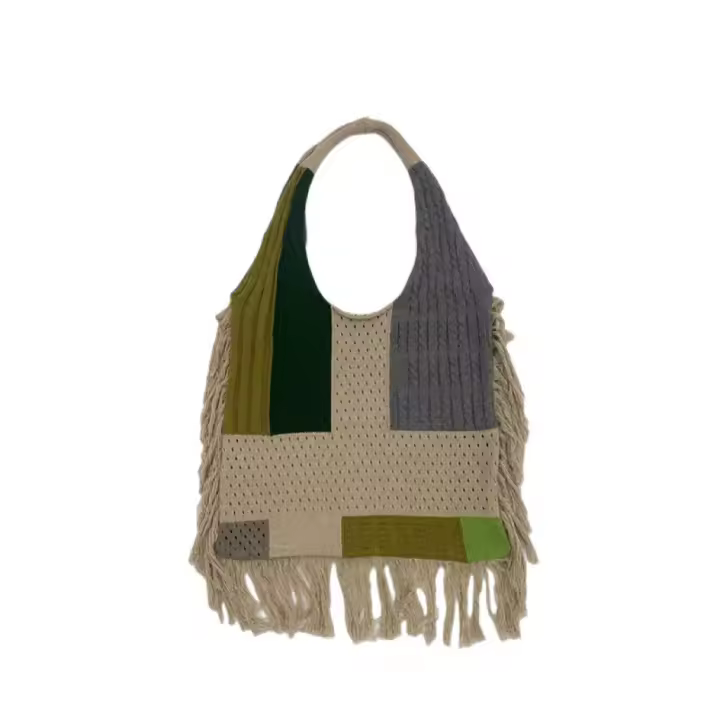 Bolso de un solo hombro tejido con borlas y patchwork, bolso - 1