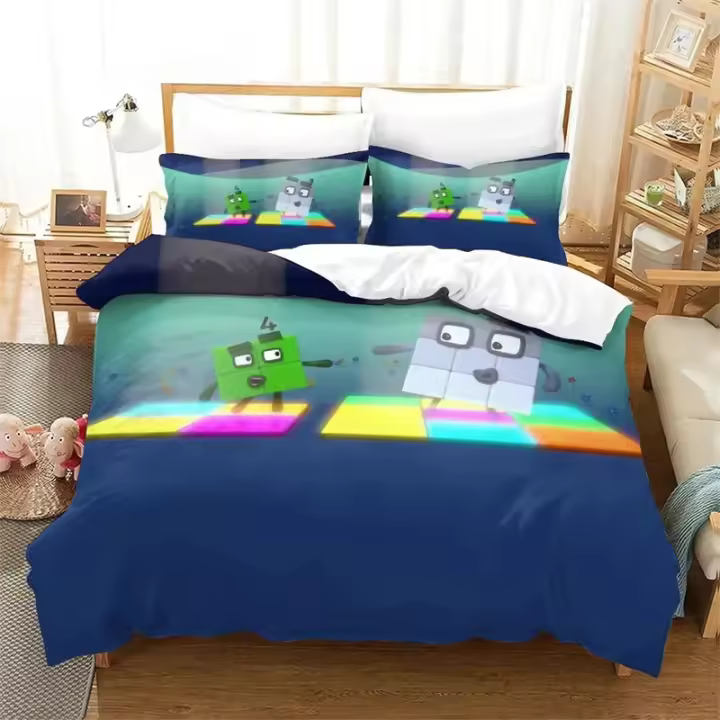 Juego de cama con bloques de números de dibujos animados, funda nórdica, funda de edredón, funda de almohada, edredón tamaño King Queen para niños y adultos - 1