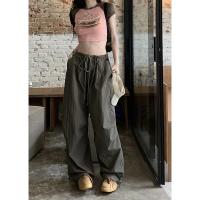Pantalones de chándal de pierna ancha holgados informales grises, ropa de calle de cintura baja con cordón, pantalones Cargo, pantalones Hippie para correr para mujer - details 1