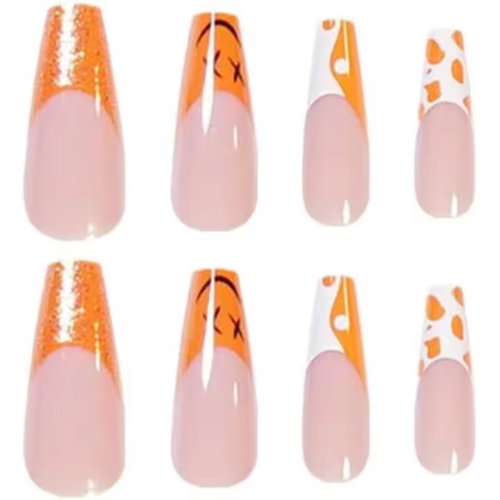 24 uñas postizas largas tipo ataúd, acrílicas brillantes, de Cristal artificial, para ballet, para Mujeres y niños (Naranja 3) - 1