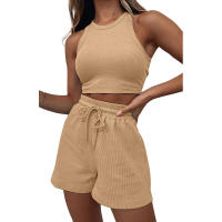 Conjunto de dos piezas de verano para mujer, chaleco sin mangas de color sólido con textura gofre y pantalones cortos casuales de moda. - details 42