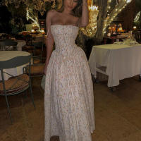 BUNO-Candyhot elegante ajustado plisado estampado sin mangas Maxi Vestidos estéticos fuera del hombro Spaghetti vestido de tirantes mujeres Vestidos de fiesta - details 4