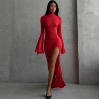Cryptographic espalda abierta Sexy Split Maxi Vestido trajes elegantes para mujeres Chic manga acampanada Fiesta Club moda vestidos rojos Vestido - details 12