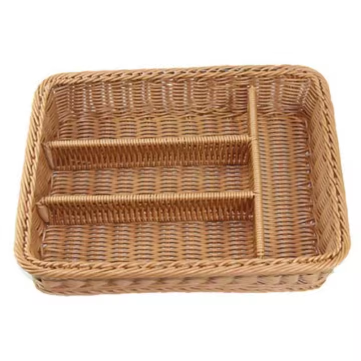 Organizador de cajones de cocina, cesta de almacenamiento de cubiertos, 4 compartimentos, tenedores, cuchillos, bandeja de almacenamiento de ratán - 1