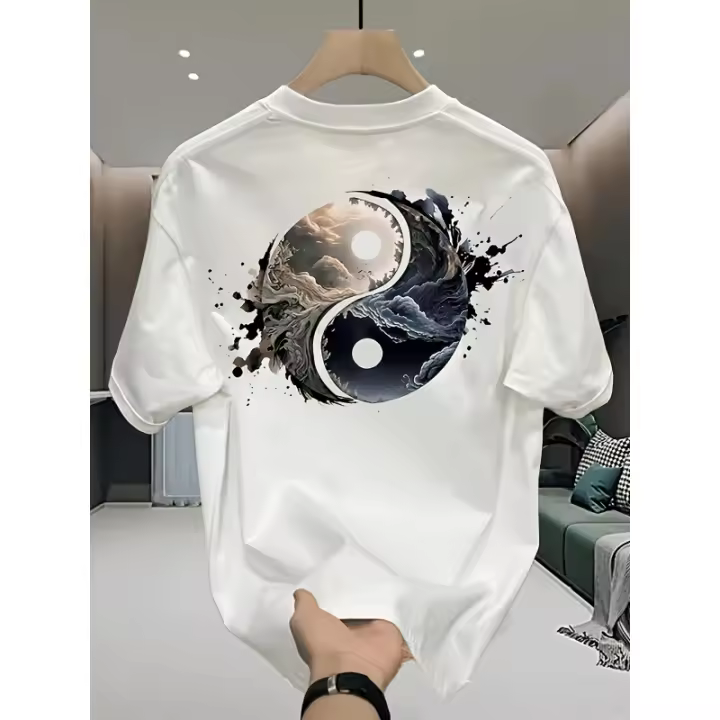 Camiseta Gráfica Yin Yang Oversize Manga Corta, Algodón Negro, Ajuste Suelto, Diseño Asimétrico - 1