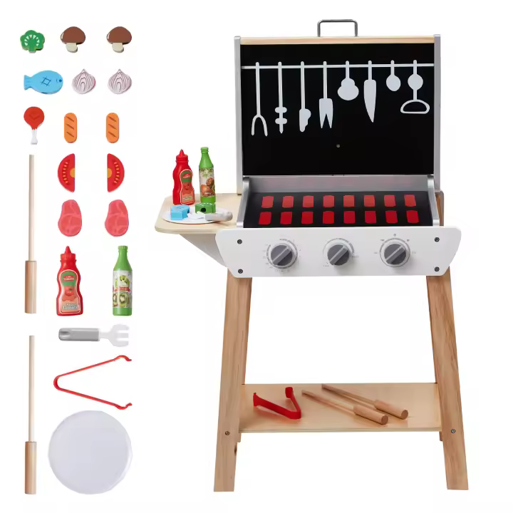 SucceBuy Parrilla de juguete de madera para barbacoa, juego de parrilla para niños con comida de juego y herramientas para asar (21 piezas), accesorio de cocina de madera, juguete de cocina para niños pequeños y niñas mayores de 3 años, regalo - 1