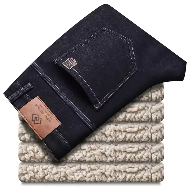 Pantalones vaqueros Sherpa gruesos de lana de invierno para hombre, pantalones vaqueros rectos de terciopelo informales de negocios, pantalones elásticos clásicos de felpa de lana para hombre - 1