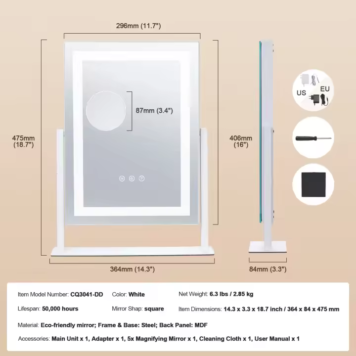 SucceBuy Espejo de tocador con luces: 3 modos de color, aumento 5X, 360 °   rotación - 1