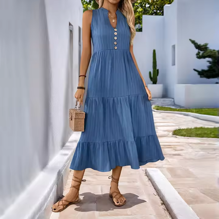 Vestido casual largo de verano, nuevo, de color sólido, con cuello en V y textura. - 1