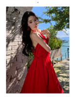Vestido de vacaciones halter rojo vestido de playa dividido ropa de foto junto al mar falda con tirantes de cuello de hada súper - details 5