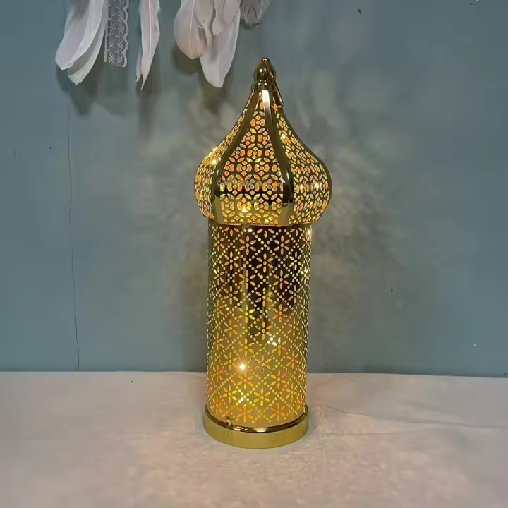 Lámpara de camino, arte del hierro, luz nocturna marroquí, linterna Masjid Vintage alimentada por batería, luz LED hueca de Ramadán, Islam musulmán - 1