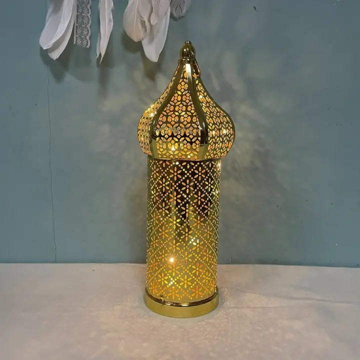 Lámpara de camino, arte del hierro, luz nocturna marroquí, linterna Masjid Vintage alimentada por batería, luz LED hueca de Ramadán, Islam musulmán - 1