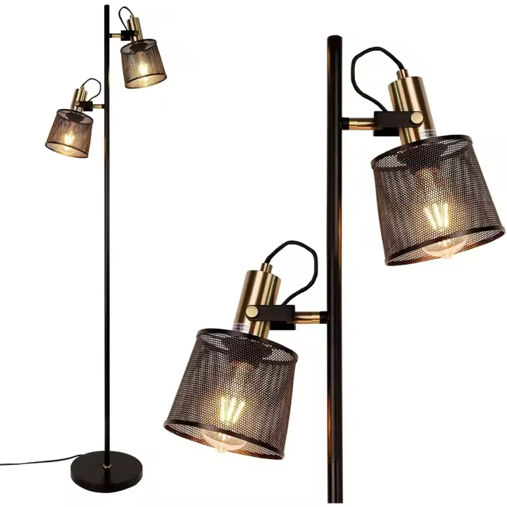 Lámparas de pie de red de metal de hierro negro retro industrial de 2 vías con enchufe de interruptor ajustable para sala de estar dormitorio oficina - 1