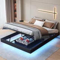 sin cabecero, cama doble con iluminación LED, estructura de cama con somier de láminas y marco de metal, marco de cama flotante, cama de almacenamiento con espacio de - details 9