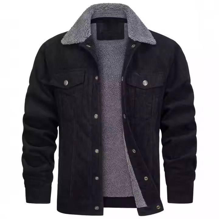 Chaqueta de pana forrada de Sherpa para hombre, chaquetas de camionero, cuello vuelto de algodón, abrigo informal cálido, invierno - 1