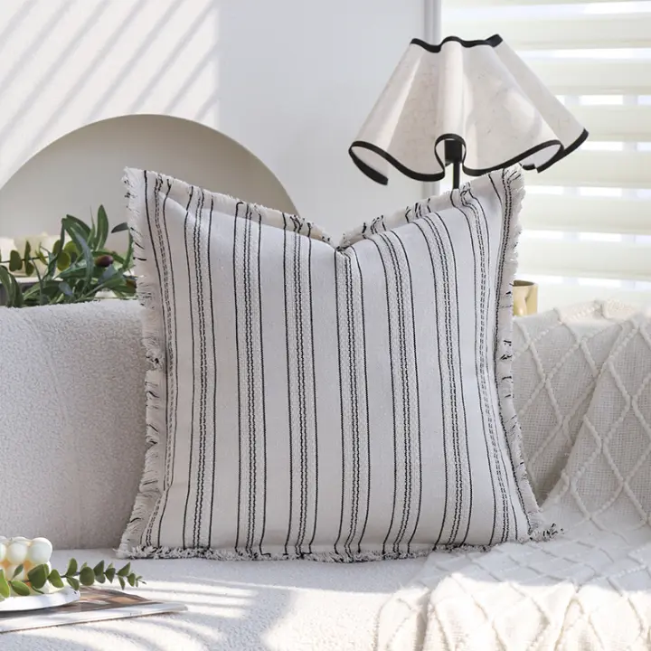 Funda de cojín de algodón y poliéster, borde de línea a rayas, simple y a la moda, 45x45cm, decoración nórdica para el hogar, sala de estar, sofá, funda de almohada para dormitorio - 1