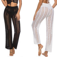 Pantalones de pierna ancha calados con cordones para mujer, pantalón de pierna ancha, color Beige, de cintura alta, transparente, para vacaciones en la playa, color blanco y negro, verano - details 2